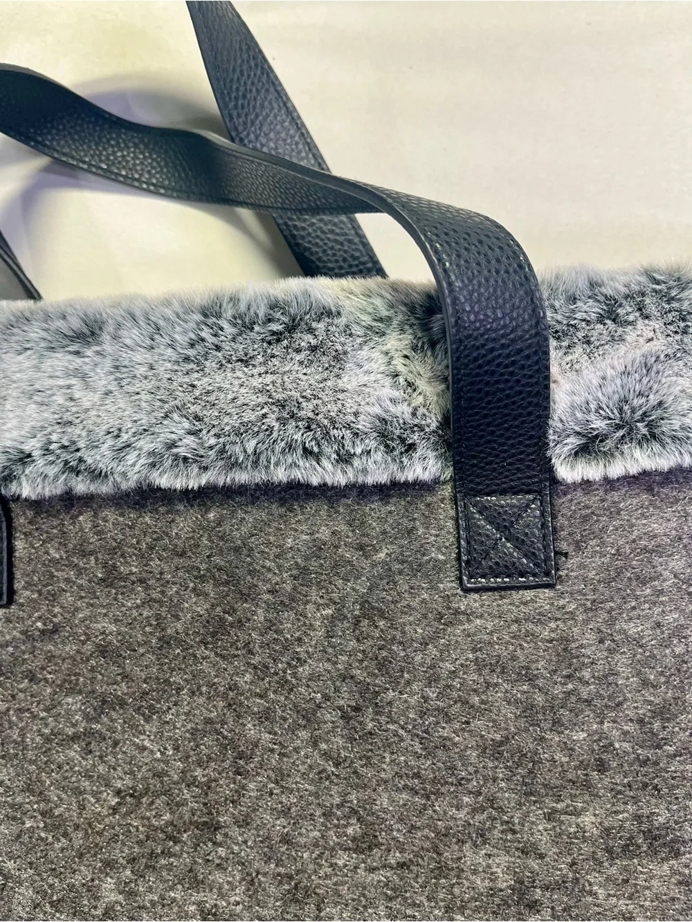 Barnes & Noble Gray Faux-Fur Trim Large Felt Tote with Black Handles